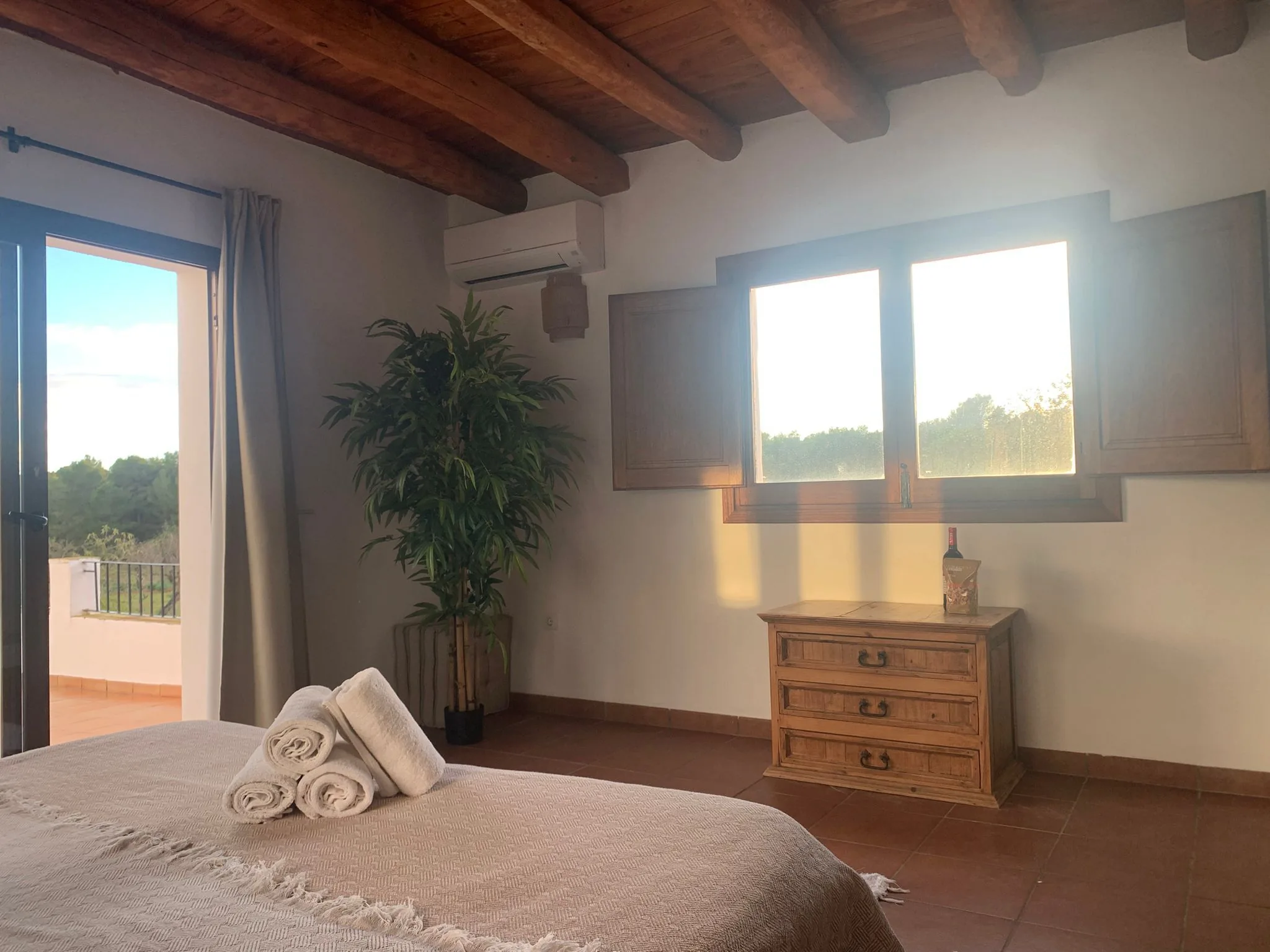 Villa room with wooden ceiling beams and view of Ibiza nature